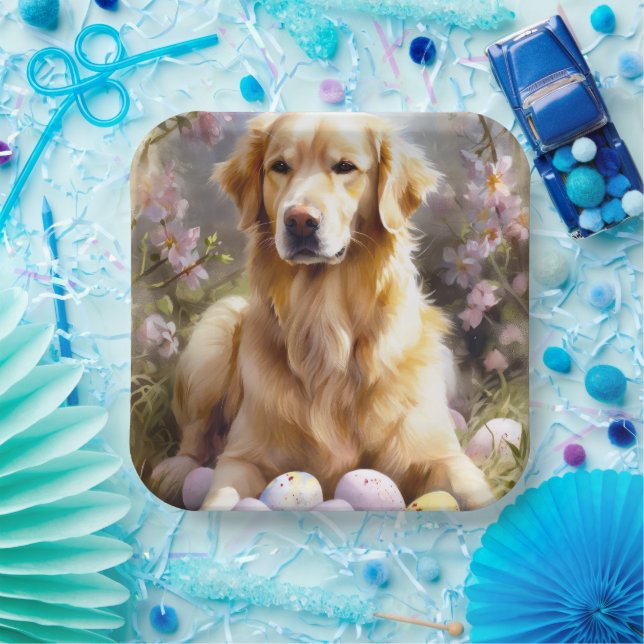 Assiettes En Carton Golden Retriever avec oeufs de Pâques (Fête)