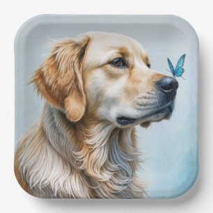 Assiettes En Carton Golden Retriever avec papillon bleu