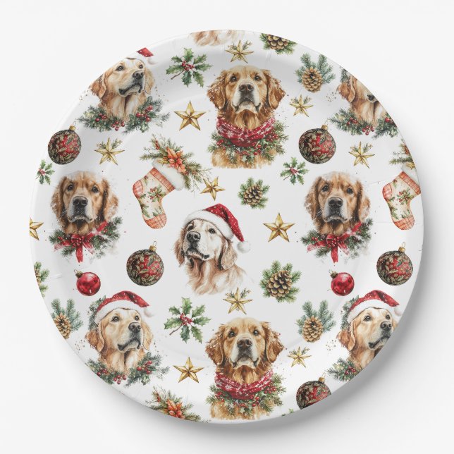 Assiettes En Carton Golden Retriever chien animal Motif de Noël (Devant)