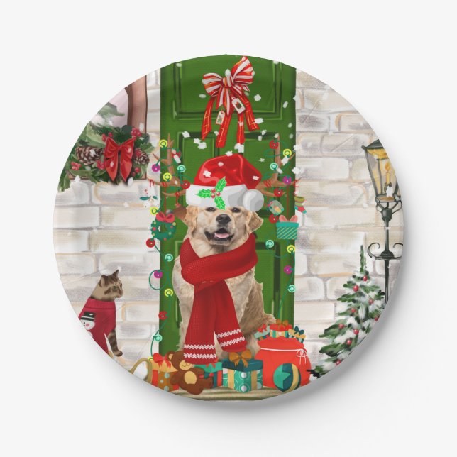 Assiettes En Carton Golden Retriever Chien Noël (Devant)