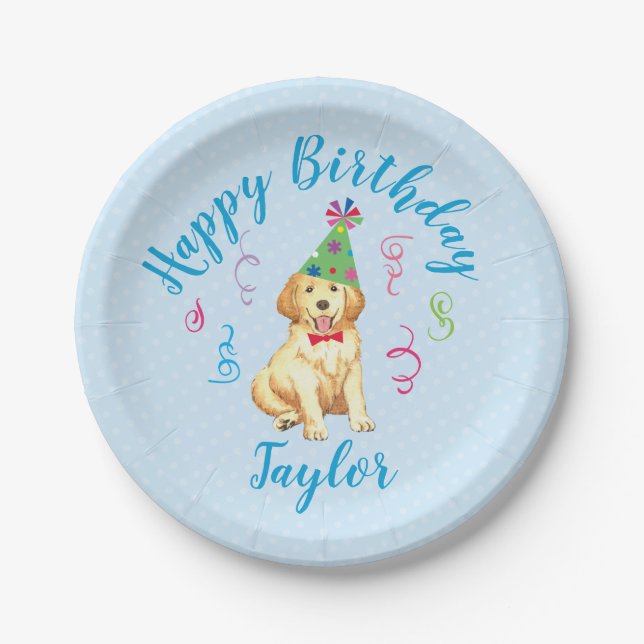 Assiettes En Carton Golden retriever de fête d'anniversaire (Devant)