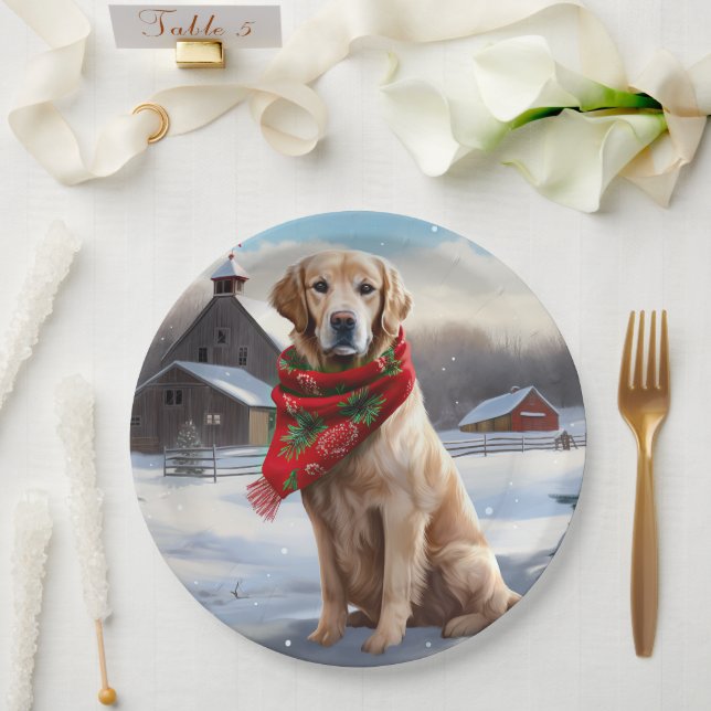 Assiettes En Carton Golden Retriever Dog in Snow Christmas (Mariage)