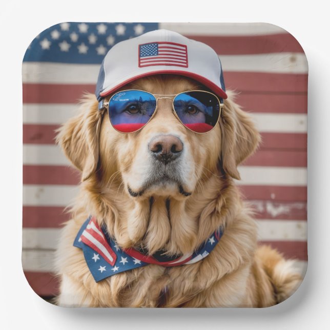 Assiettes En Carton Golden Retriever patriotique américain (Recto)
