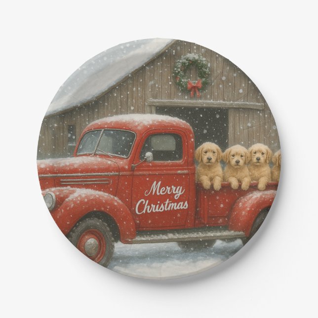 Assiettes En Carton Golden Retriever Puppies in an old truck Christmas (Devant)