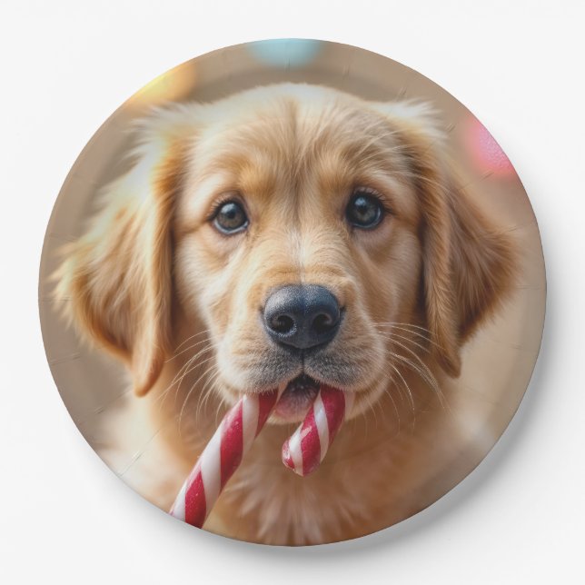 Assiettes En Carton Golden Retriever Puppy With a Candy Cane (Devant)