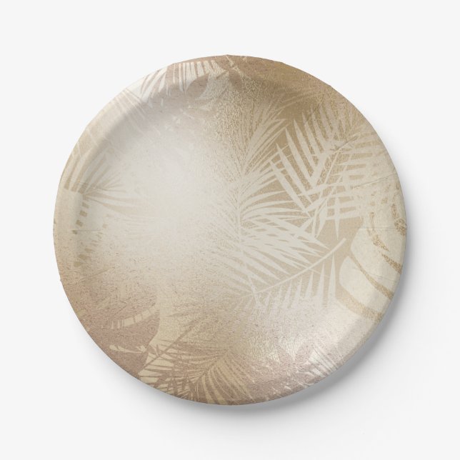 Assiettes En Carton Golden Shine Botanique Tropical Palm Tree Feuilles (Devant)