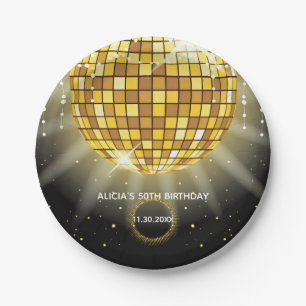 Assiettes En Carton Golden Shiny Disco Ball Black Anniversaire