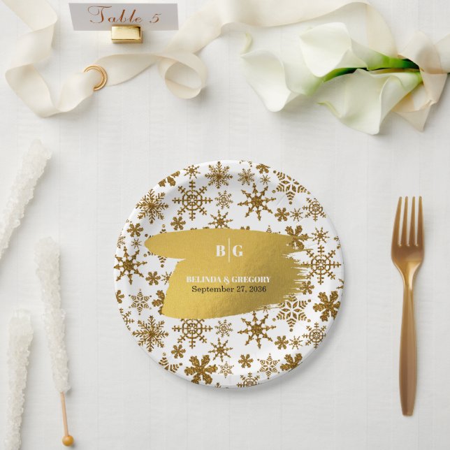 Assiettes En Carton Golden Snowflakes Festive Mariage de Noël (Mariage)