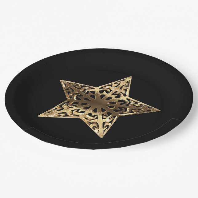Assiettes En Carton Golden Star Black and Gold Festive Elégant (Angle)
