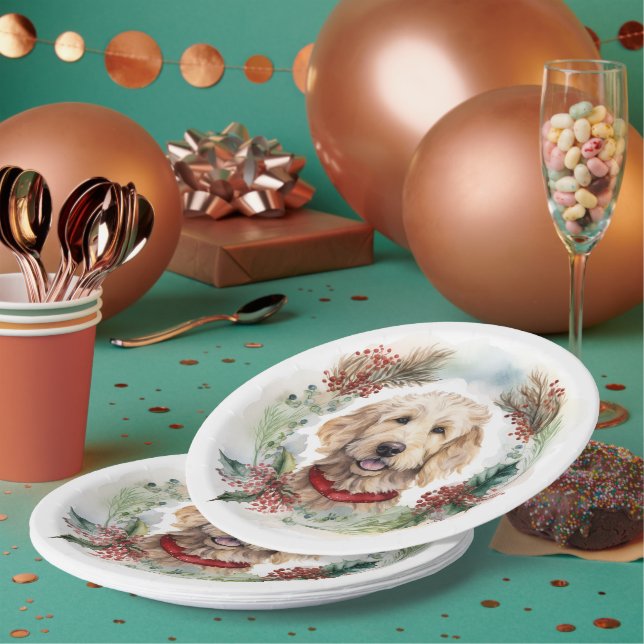 Assiettes En Carton Goldendoodle Christmas Wreath Festive Pup (Multi)