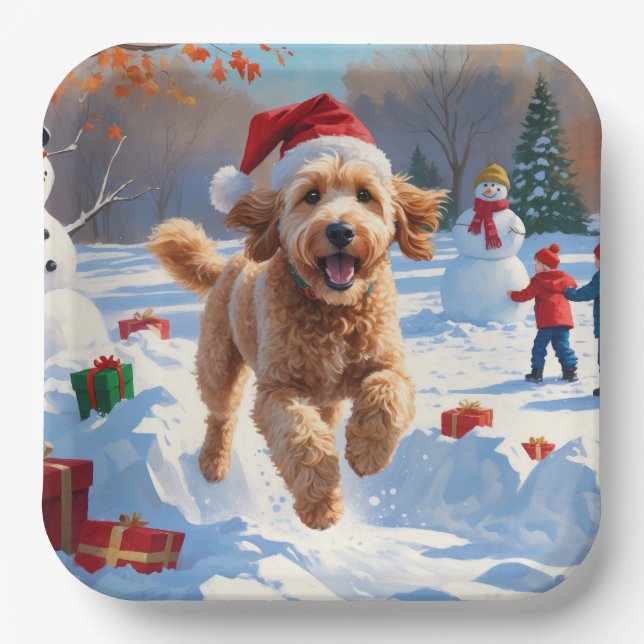 Assiettes En Carton Goldendoodle Courir en neige avec Casquette de Noë (Recto)