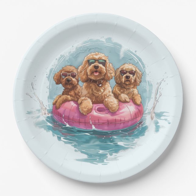 Assiettes En Carton Goldendoodle Dogs Summer Pineappy Pool Flotte (Devant)