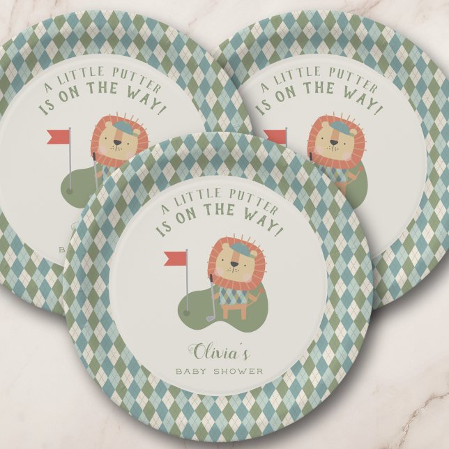 Assiettes En Carton Golf Baby Shower A Little Putter Preppy Argyle   (Golf-themed plates for a baby shower, customize with mom-to-be’s name for a personal touch. 
)