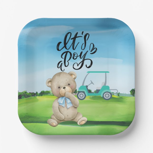 Assiettes En Carton Golf Teddy Bear It's Boy for Baby shower (Recto)
