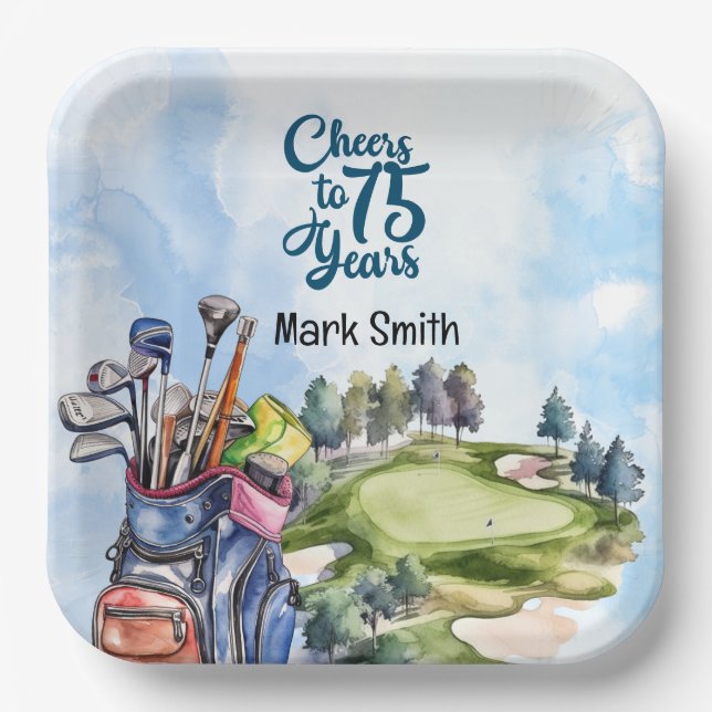 Assiettes En Carton Golfeur 75e anniversaire avec golf Bag sur terrain (Recto)
