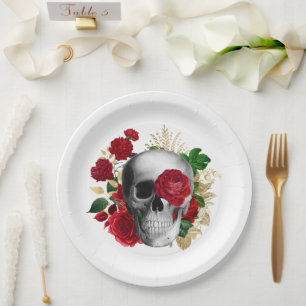 Assiettes En Carton Goth Crâne avec Fleurs rouges et Feuilles d'or