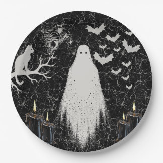 Assiettes En Carton Gothique Halloween Fantôme Noir et Blanc