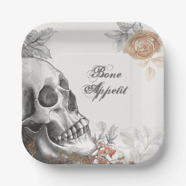Assiettes En Carton Gothique Squelette Os Appetit Halloween (Recto)