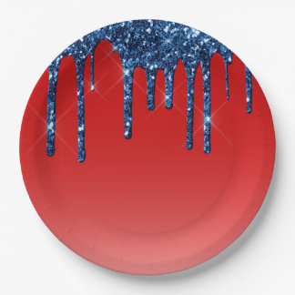Assiettes En Carton Goutte de paillettes rouge bleu Americana