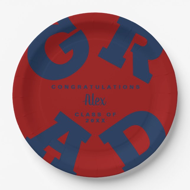 Assiettes En Carton GRAD gras| Plaques de graduation rouge bleu et fon (Devant)
