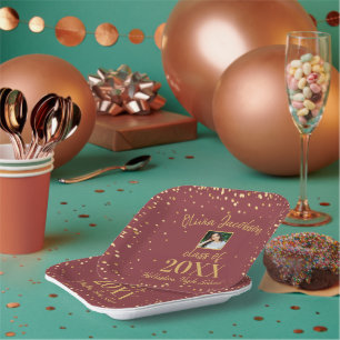 Assiettes En Carton Grad Photo Gold Confetti Burgundy Graduation Party