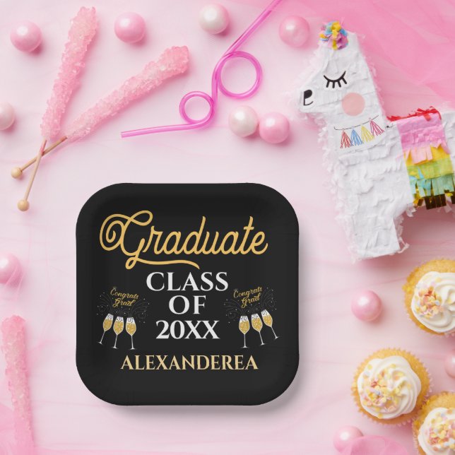 Assiettes En Carton Graduate Class of 2022 Félicats Gold Black Custom (Fête)
