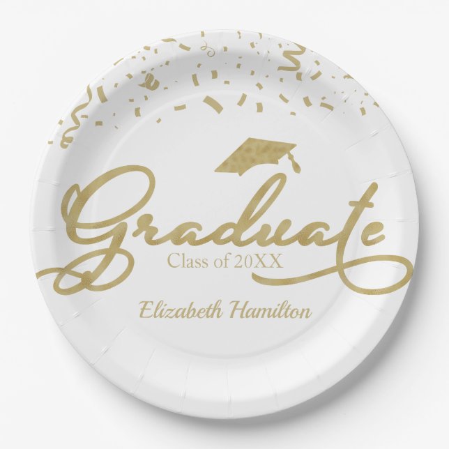 Assiettes En Carton Graduate Gold Foil Graduation Party Blanc (Devant)