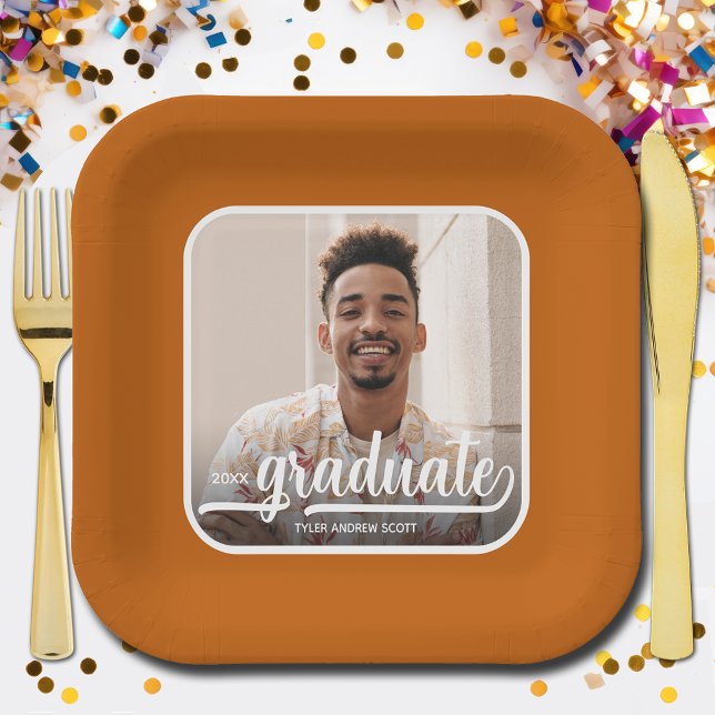 Assiettes En Carton Graduate Photo Bold Script Burnt Orange Graduation (Photo Graduation Square Burnt Orange Paper Plates)
