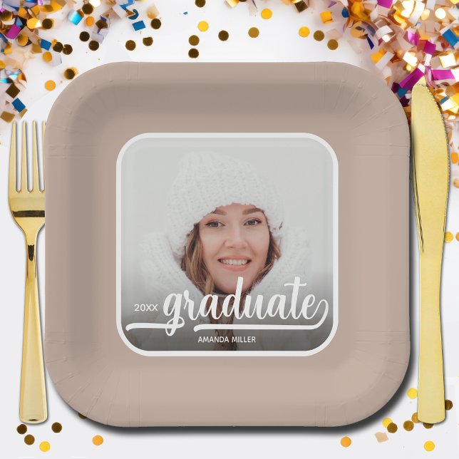 Assiettes En Carton Graduate Photo Bold Script Taupe Graduation (Photo graduation taupe beige square paper plates)