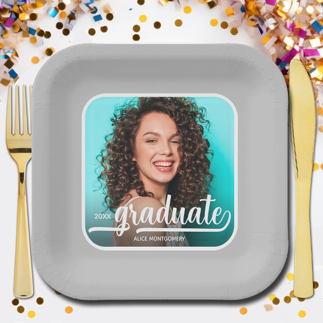Assiettes En Carton Graduate Photo Gras Script Gris Graduation (Photo graduation silver square paper plates)