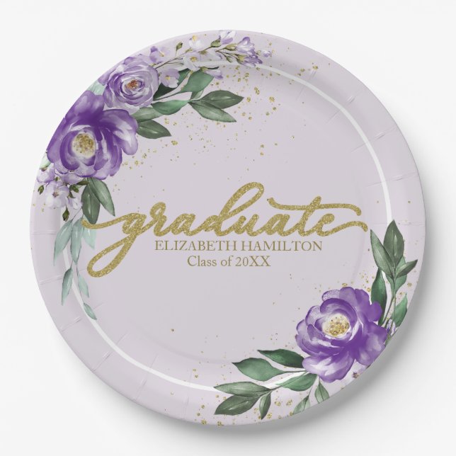 Assiettes En Carton Graduate Purple Lavender Floral Graduation Party (Devant)