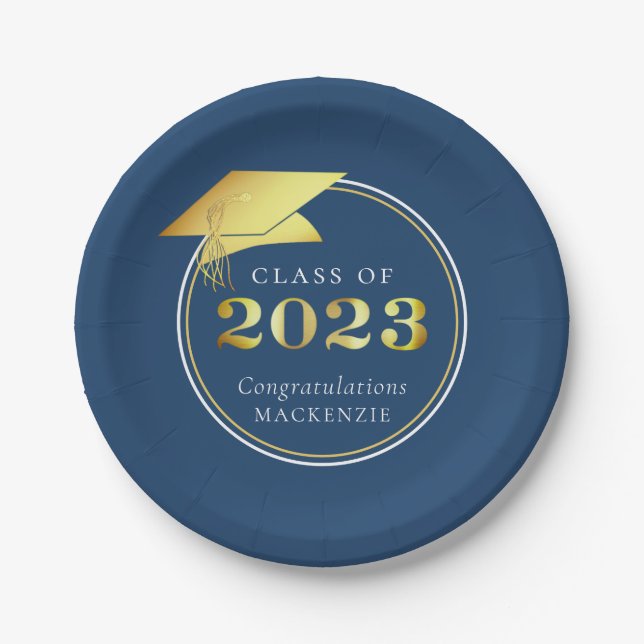 Assiettes En Carton Graduation 2023 Blue Faux Gold ou Couleur personna (Devant)