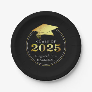 Assiettes En Carton Graduation 2025 Faux Metallic Black Gold