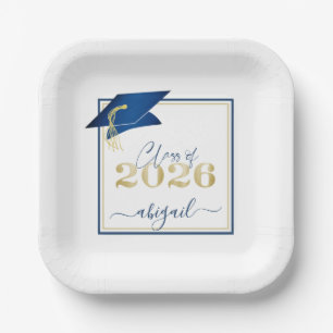 Assiettes En Carton Graduation 2025 Faux Metallic Blue Gold Script