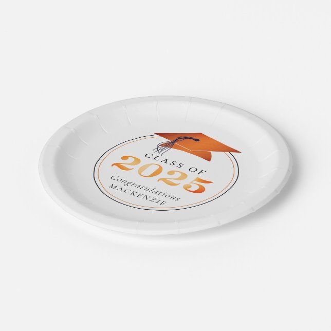 Assiettes En Carton Graduation 2025 Faux Metallic Orange Noir (Angle)