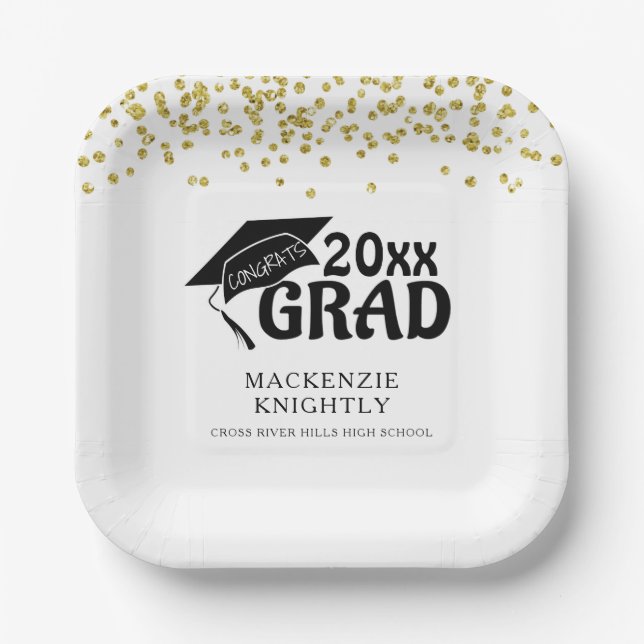 Assiettes En Carton Graduation Black Gold GRATS GRAD Confetti (Recto)