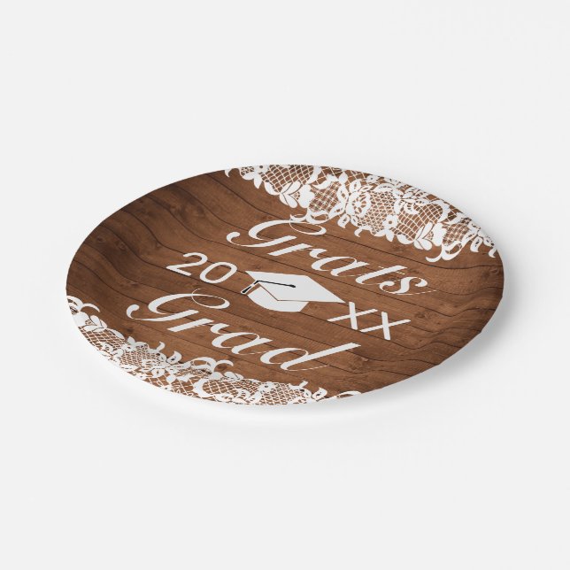 Assiettes En Carton Graduation en bois rustique et en dentelle blanche (Angle)