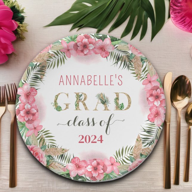 Assiettes En Carton Graduation Luau Classe De 2024 Floral (Créateur téléchargé)