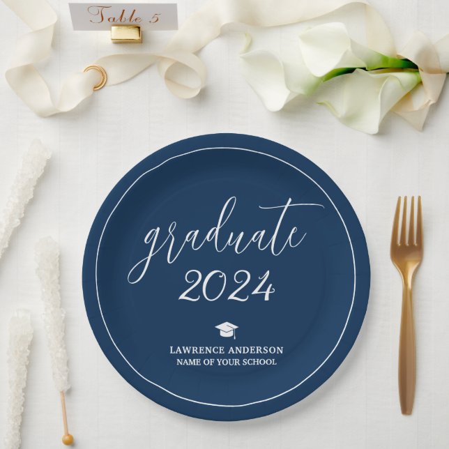 Assiettes En Carton Graduation Minimal Chic Navy Blue 2024 (Mariage)
