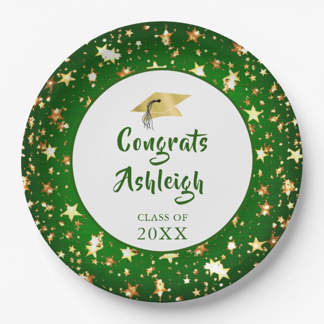 Assiettes En Carton Graduation moderne Green Gold Stars Lettré main (Devant)