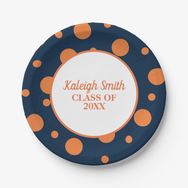 Assiettes En Carton Graduation personnalisée Navy Blue Orange Polka Do (Devant)