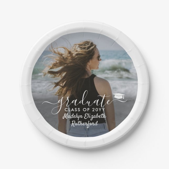 Assiettes En Carton Graduation Photo & Elegant White Script Classe Ann (Devant)