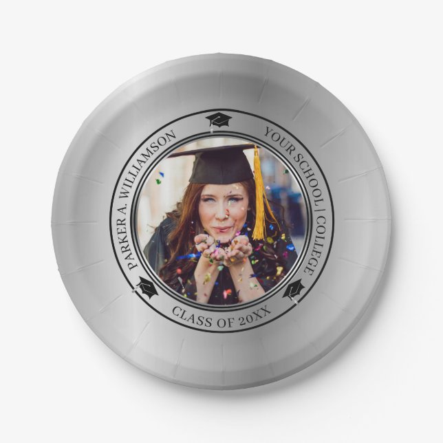 Assiettes En Carton Graduation Photo Silver Tone Grad Classe Casquette (Devant)