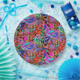 Assiettes En Carton Graffiti en bleu, vert et rouge