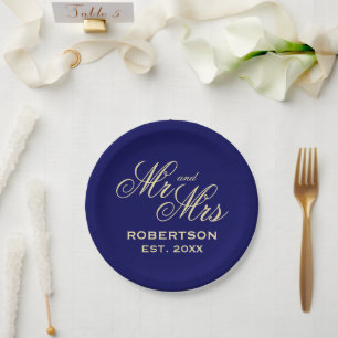 Assiettes En Carton Grand chic marine bleu et crème mariage