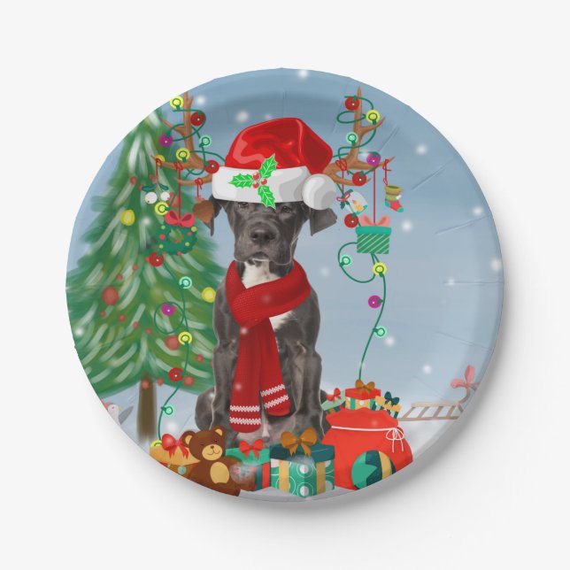 Assiettes En Carton Grand chien Danois avec cadeaux de Noël (Devant)