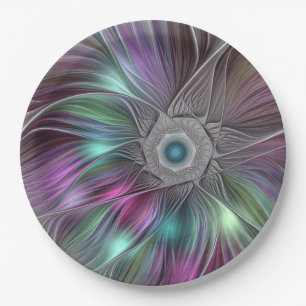 Assiettes En Carton Grande Fleur colorée Abstraite Trippy Fractal Art