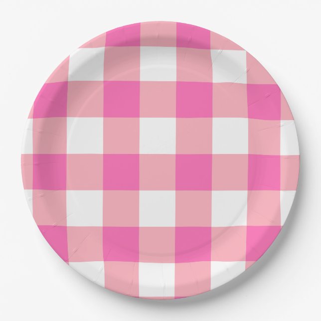 Assiettes En Carton Grandes En vichy carreaux roses (Devant)