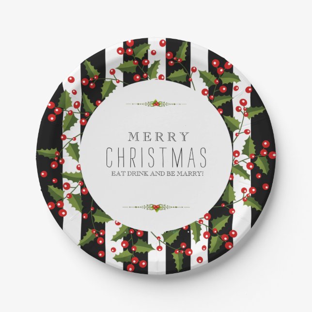 Assiettes En Carton Grandes noires et blanches Serres de Noël (Devant)