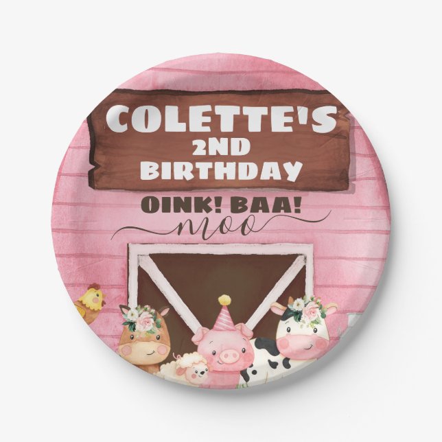 Assiettes En Carton Grange rose Oink Baa Moo Animaux de ferme Annivers (Devant)